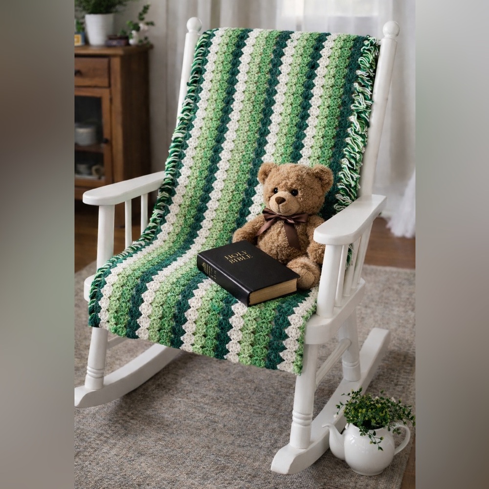 Handcrafted Striped Crochet Throw Blanket in Greens and Cream - Unbranded